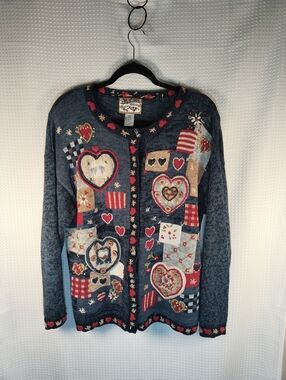 Y2K Vintage Heirloom Collectibles Patchwork Heart Cardigan Sweater Navy M